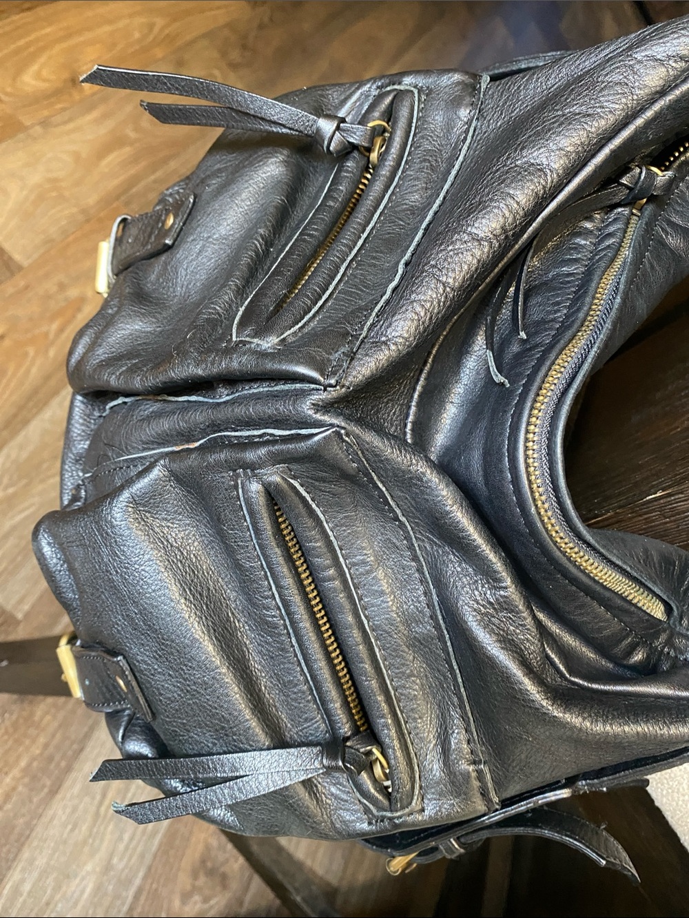 Women's Black Leather Shoulder Bag with Front Zip Pockets